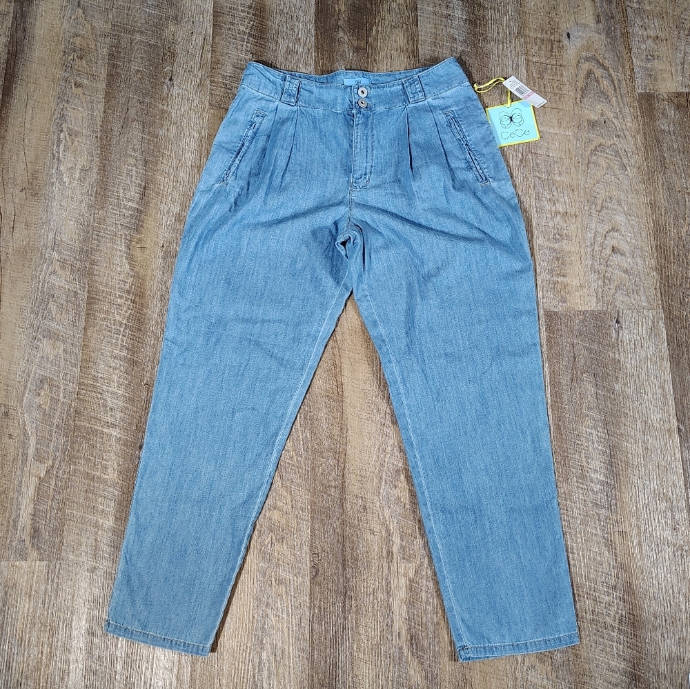 CeCe Pleated Tie Waist Cropped Denim Pants Womens Size 6 NWT - Picture 2 of 9